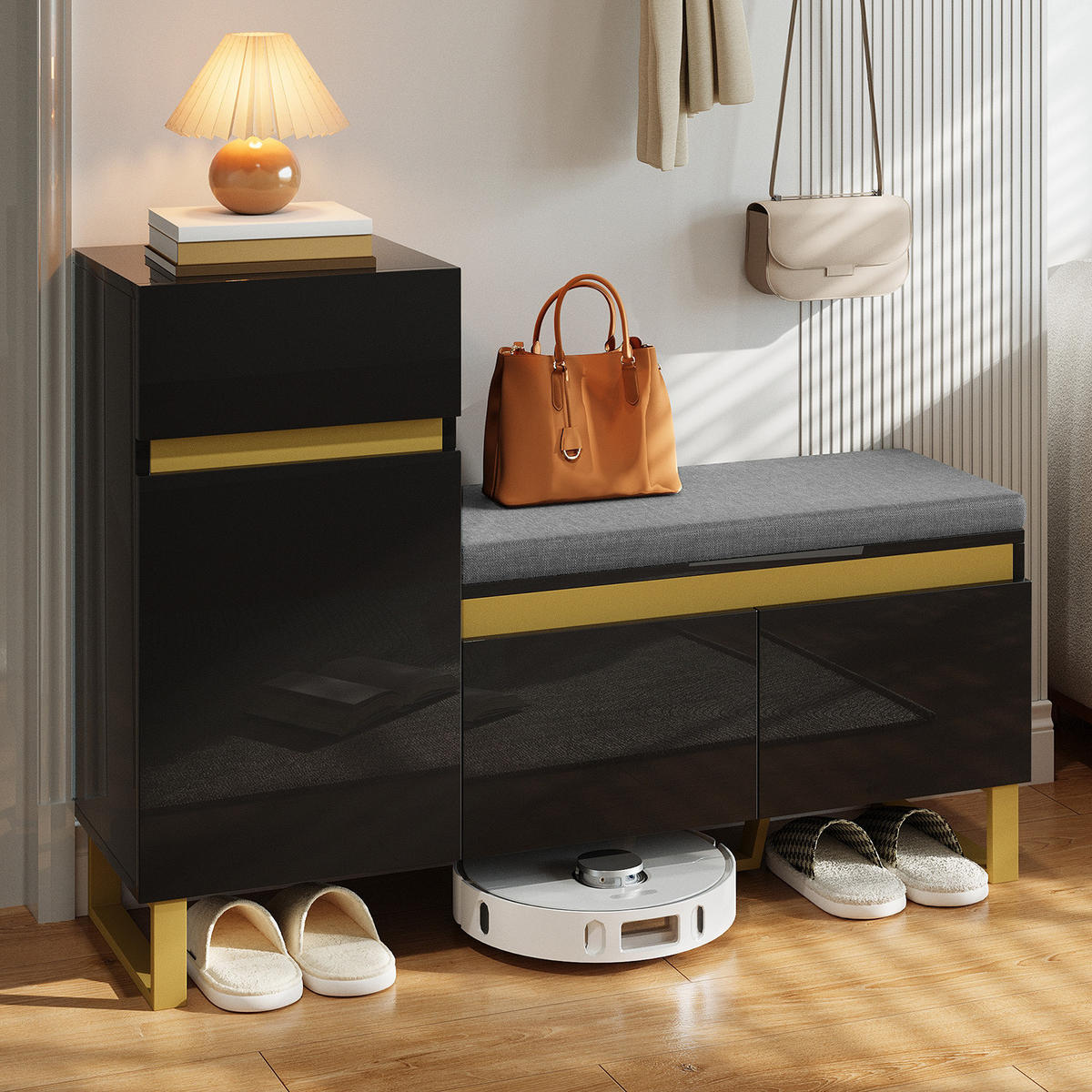 SCHUHSCHRANK in Schwarz Schuhkommode mit großem Fassungsvermögen, mehrstöckigem Stauraum und Schubladen , B120/T35/H85cm - Goldfarben/Schwarz, Holzwerkstoff/Metall (120/80/35cm) - STILVORA