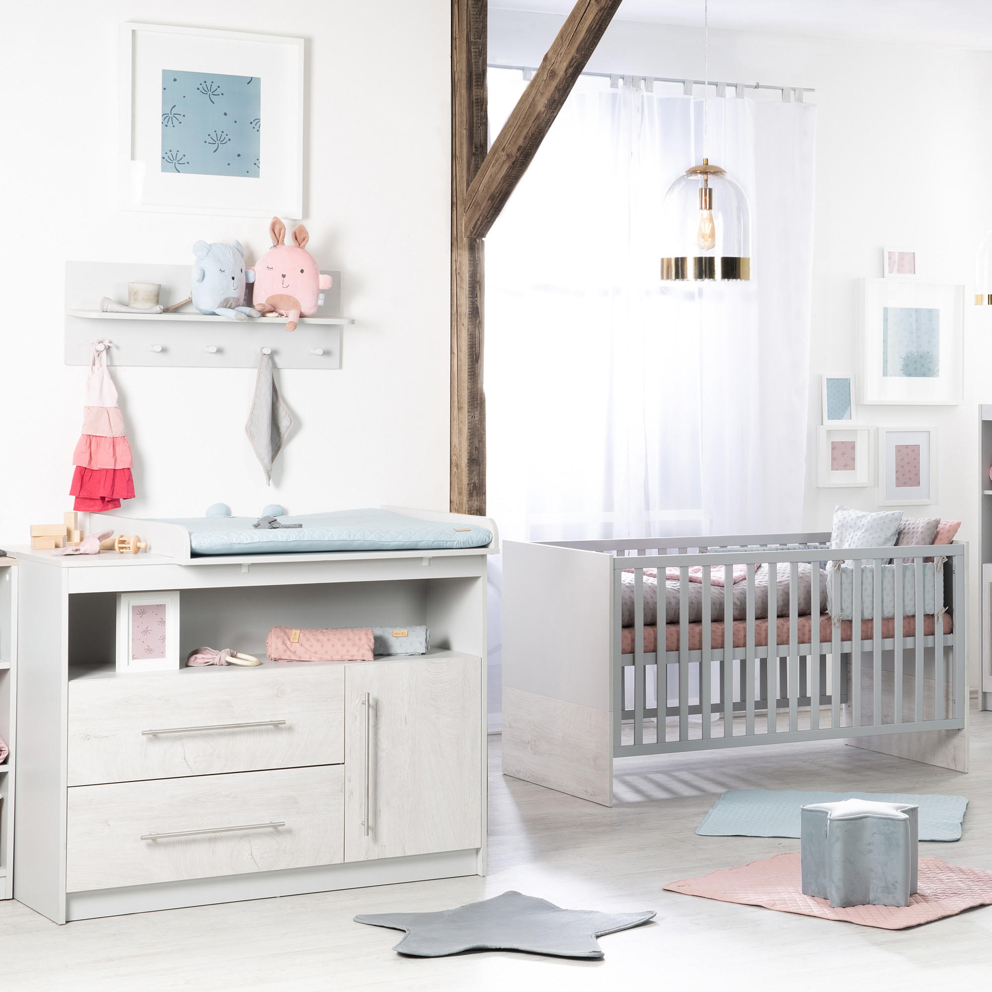BABYZIMMER-SET Maren 2, mit breiter Wickelkommode, 2-teilig - Hellgrau, Holzwerkstoff (76/80/142cm) - Roba