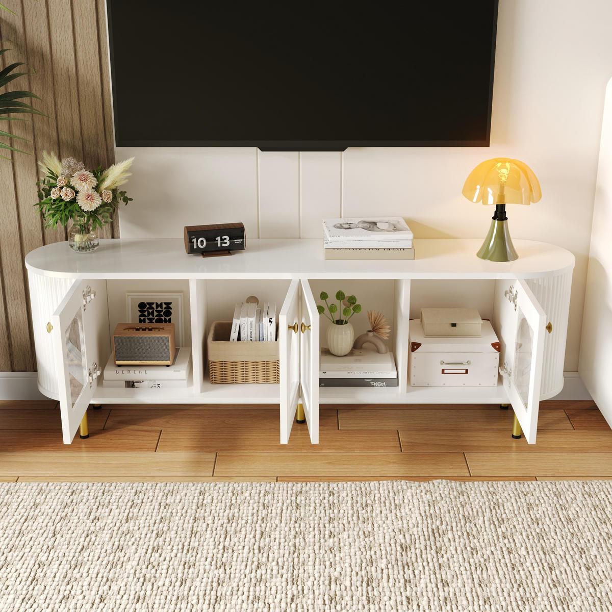 LOWBOARD in Weiß und Gold TV-Schrank mit Glastüren für Wohnzimmer, B170/T35/H55 cm - Goldfarben/Weiß, Glas/Holzwerkstoff (170/55/35cm) - STILVORA
