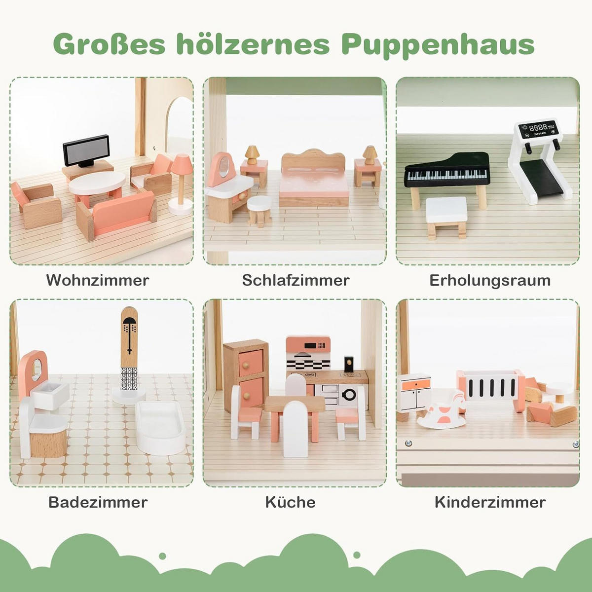 PUPPENHAUS 83cm Grün - Grün, Holz (37/83/87cm) - COSTWAY