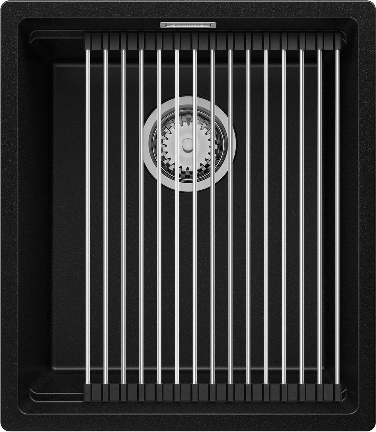 UNTERBAUSPÜLE GRANIT Praga, 2-er set Schwarz 41/47 cm 1 Becken + Ablauf-Set + Aufrollbare Abtropffläche ab 45er Unterschrank - Chromfarben/Schwarz, Kunststoff (41/20/47cm) - Primagran