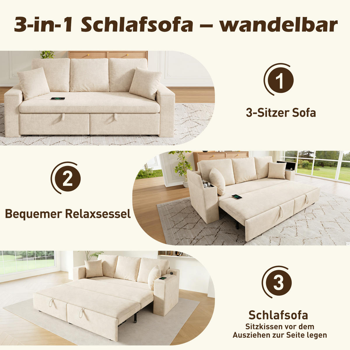 SCHLAFSOFA mit Schlaffunktion, Stauraum, USB & Type-C in Beige - Beige, Textil (210.5/93/192cm) - EVRYAE