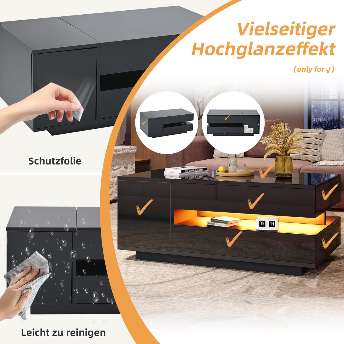 COUCHTISCH DE-195 Schwarz mit Hebefunktion und LED - Schwarz, Holzwerkstoff (50/95/40cm) - ComfortXL