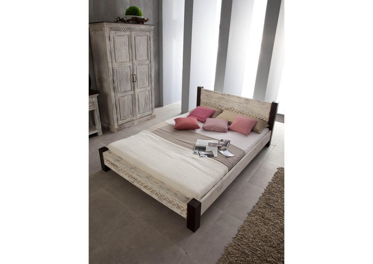 BETT Massivholz Mango / Akazie 180 x 200 x 75 weiß CASTLE-ANTIK #401 - Weiß, Holz (180/200cm) - Massivmoebel24