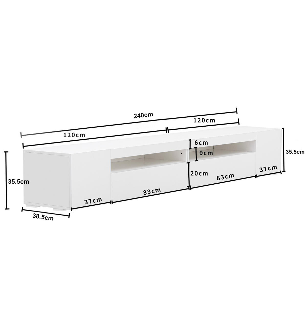 TV-SCHRANK aus MDF 240x38,5x35,5 cm Weiß mit variabler LED-Beleuchtung und symmetrischem Design - Weiß, Holzwerkstoff (240/35.5/38.5cm) - Modfu
