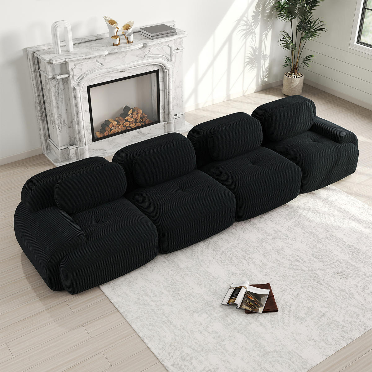 4-SITZER Sofa 388x103x75 cm aus Cordstoff rahmenlos modular, schwarz - Schwarz, Textil (103/75/388cm) - Luhomfu