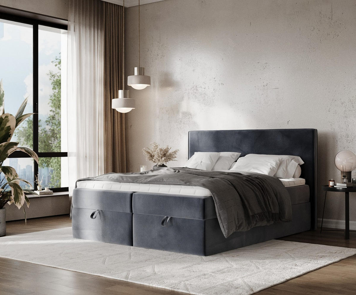 BOXBETT Velma 140/200 cm Dunkelgrau im Kronos Stoff - Dunkelgrau/Schwarz, Holz/Holzwerkstoff (140/200cm) - AltaBeds