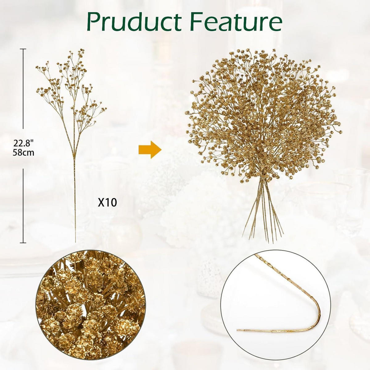 KUNSTBLUMEN 10 Stück Schleierkraut Gold 60 cm - Goldfarben, Kunststoff (60cm)