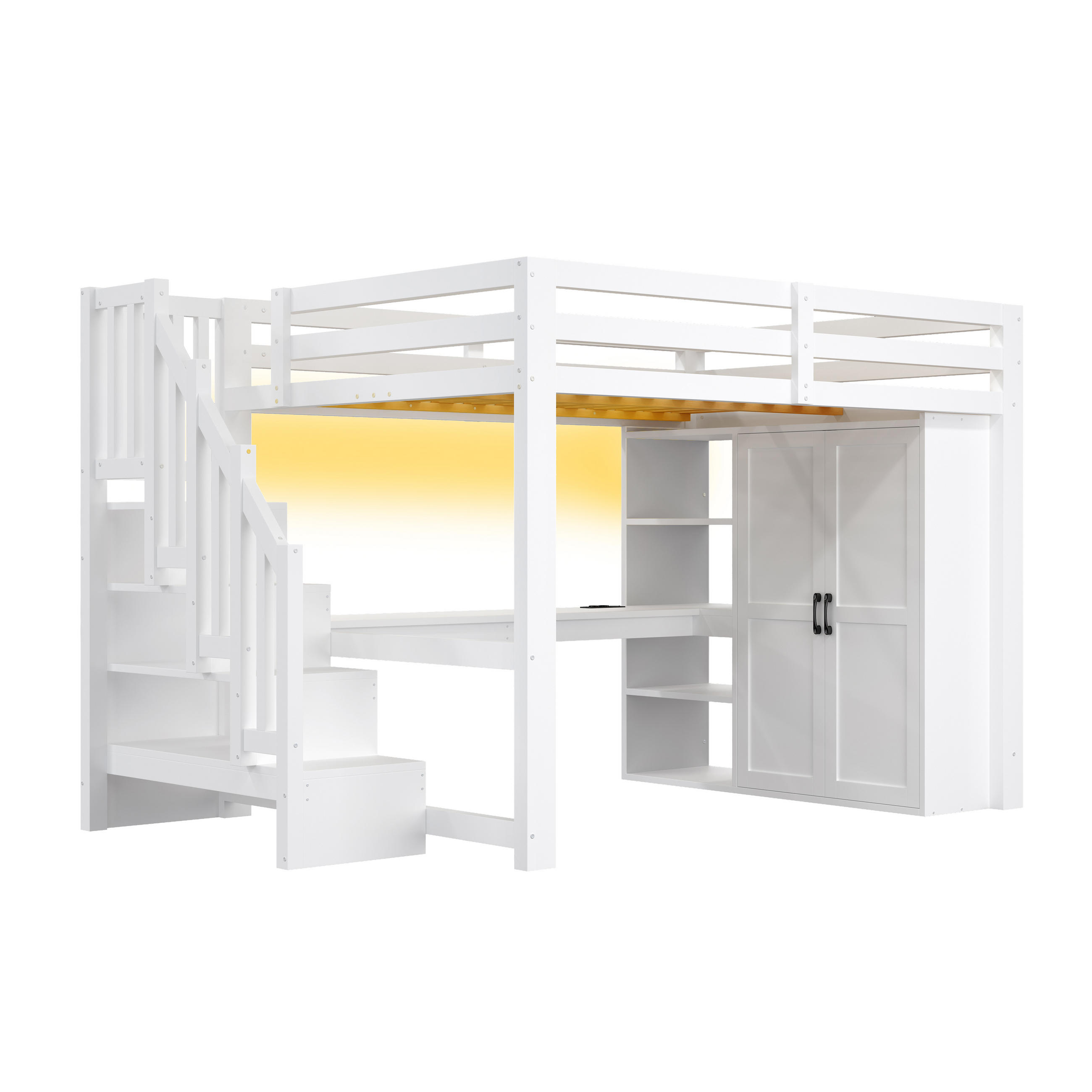 HOCHBETT 140/200 cm DE-03374, mit Schreibtisch, Kleiderschrank, Stauraumtreppe und LED, in Weiß - Weiß, Holz/Holzwerkstoff (140/200cm) - ComfortXL