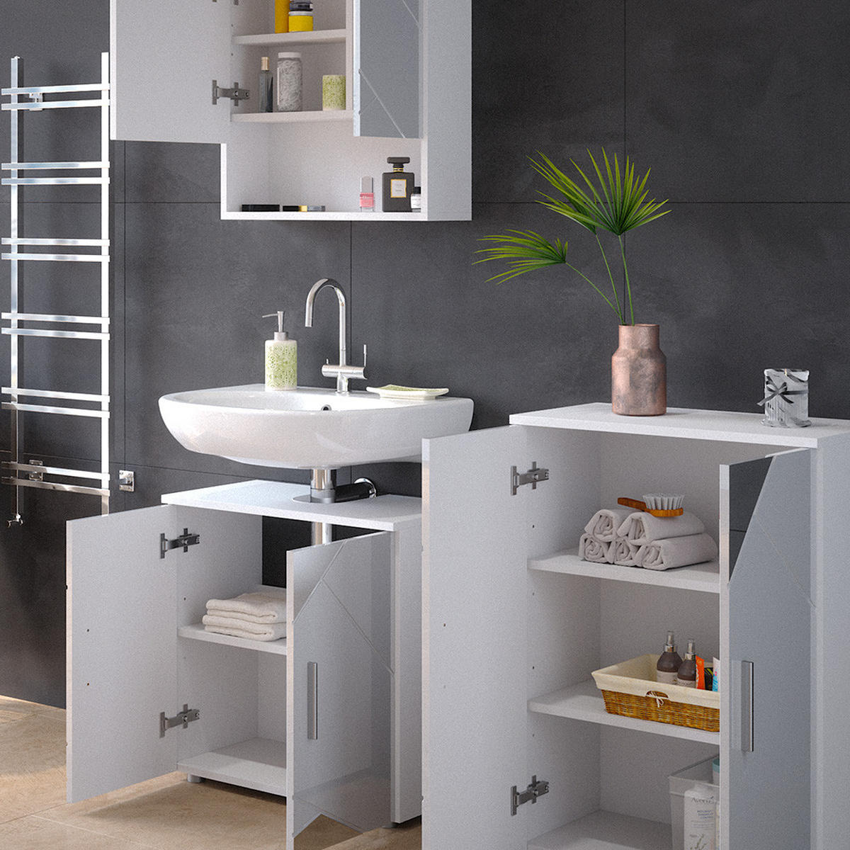 BADMÖBEL-SET Irma Weiß 3 Teile, mit Unterschrank 60 cm - Weiß Hochglanz/Weiß, Holzwerkstoff (80/58.6/41cm) - Vicco