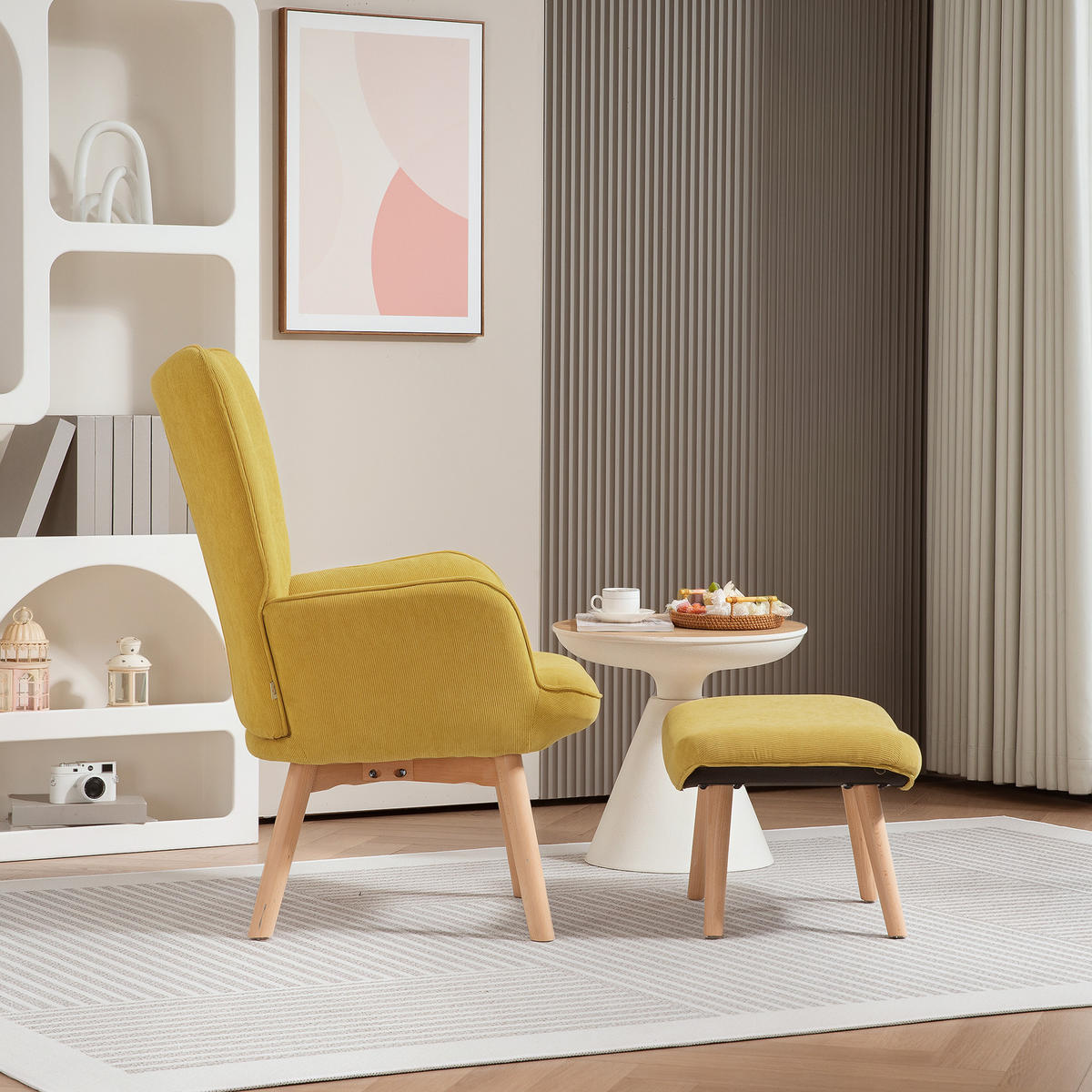 AKZENTSESSEL DE-07538 mit Hocker, Cord-Optik und Holzbeinen Orange - Orange, Textil (80/101/72cm) - ComfortXL