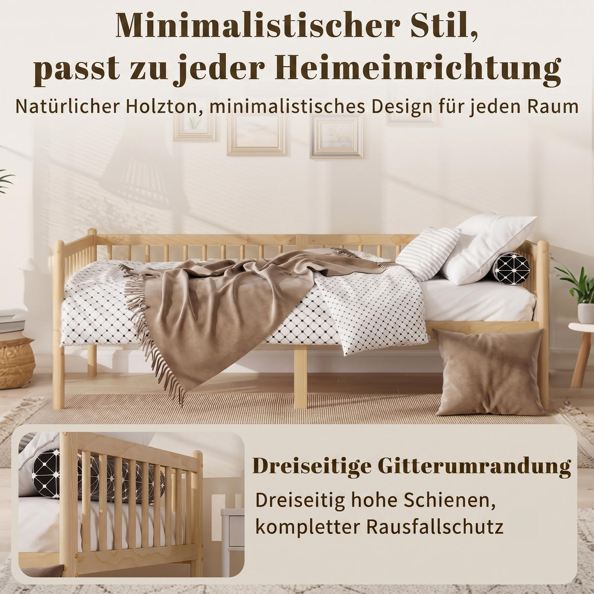 TAGESBETT 90/200 cm DE-32896 mit 3-seitigem Geländer Natur - Naturfarben, Holz (90/200cm) - ComfortXL