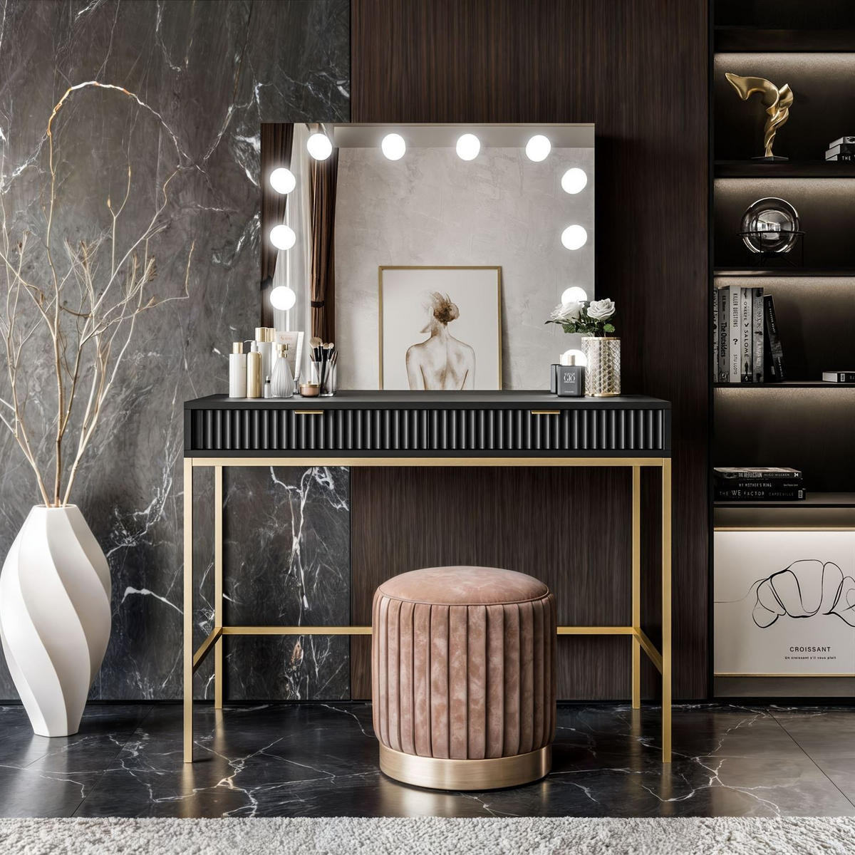 SCHMINKTISCH MIT SPIEGEL CORTADO ELITE GOLD SCHWARZ - Schwarz, Holzwerkstoff (104/78/50cm) - Lookway