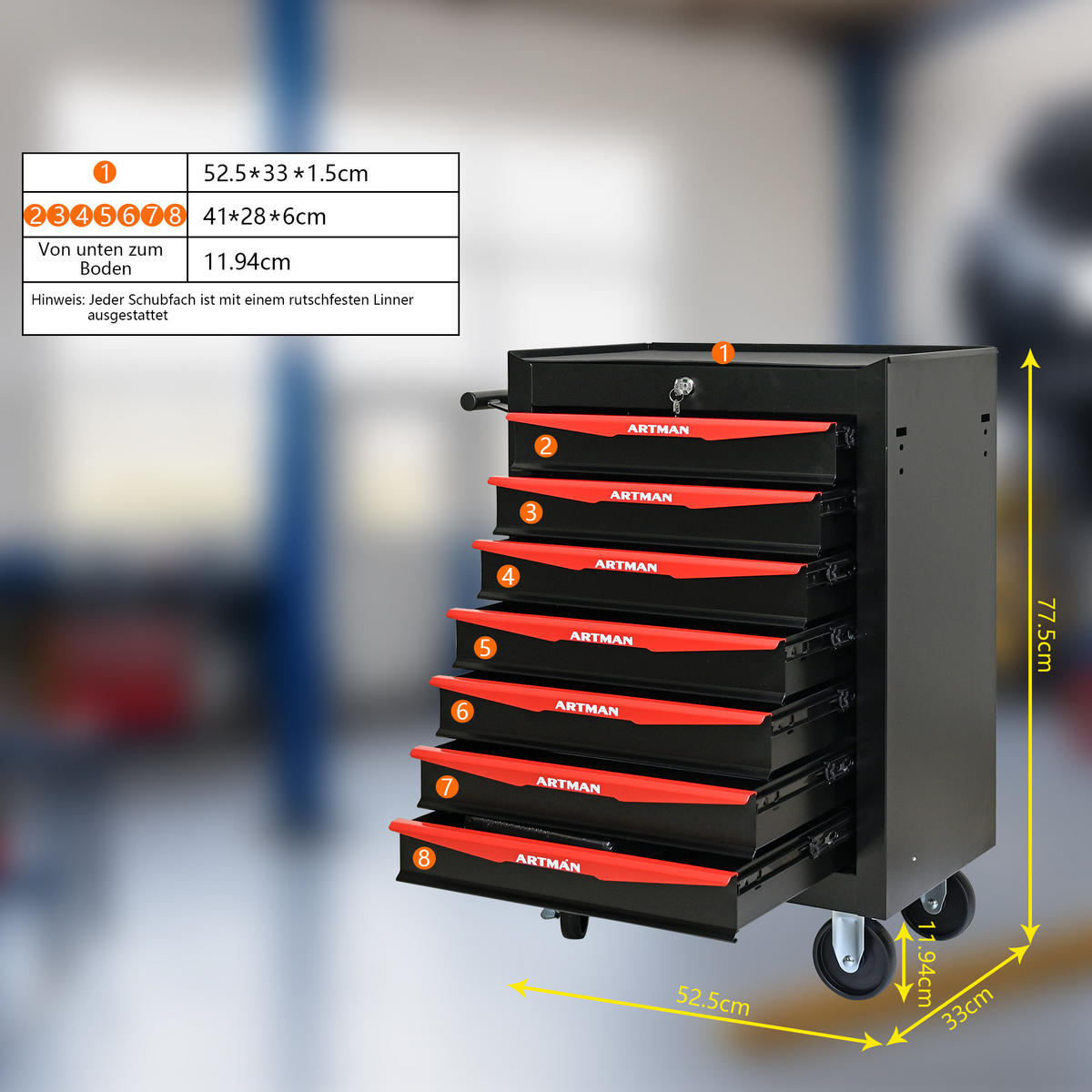 KOMBINATIONS-WERKZEUGSCHRANK – 7 Schubladen – 508 mm (20 Zoll) – Farbgebung: Schwarz und Rot - Multicolor, Metall (33/77.5/60cm) - DCA