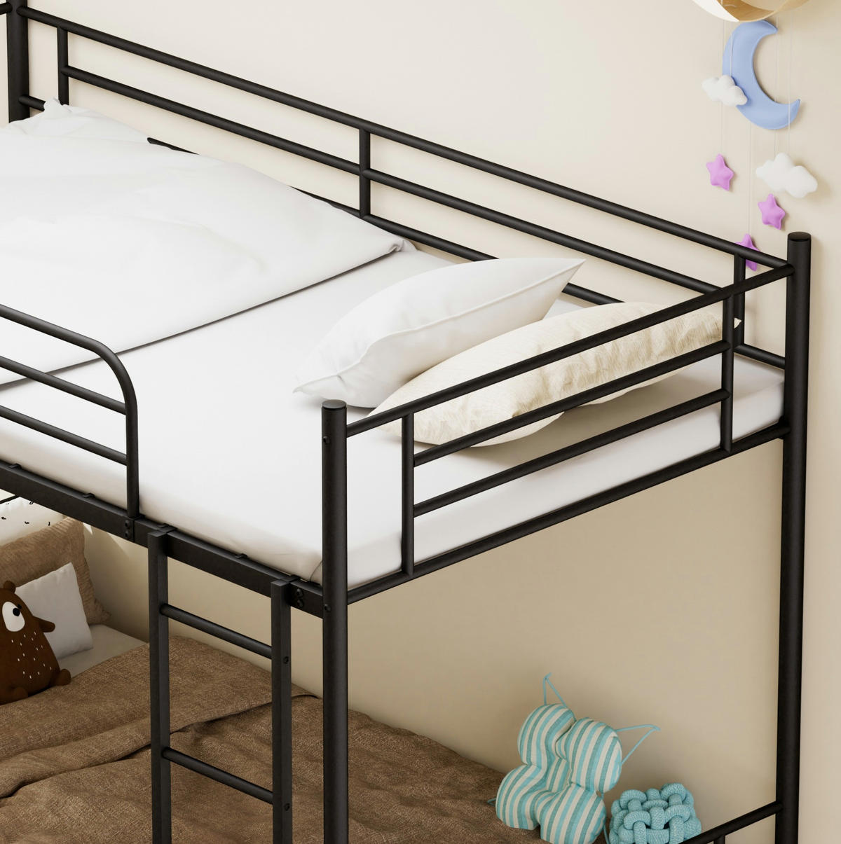 ETAGENBETT Stahl 90x190 cm Schwarz mit Leiter und hohem Geländer platzsparend - Schwarz, Metall (90/190cm) - Modfu