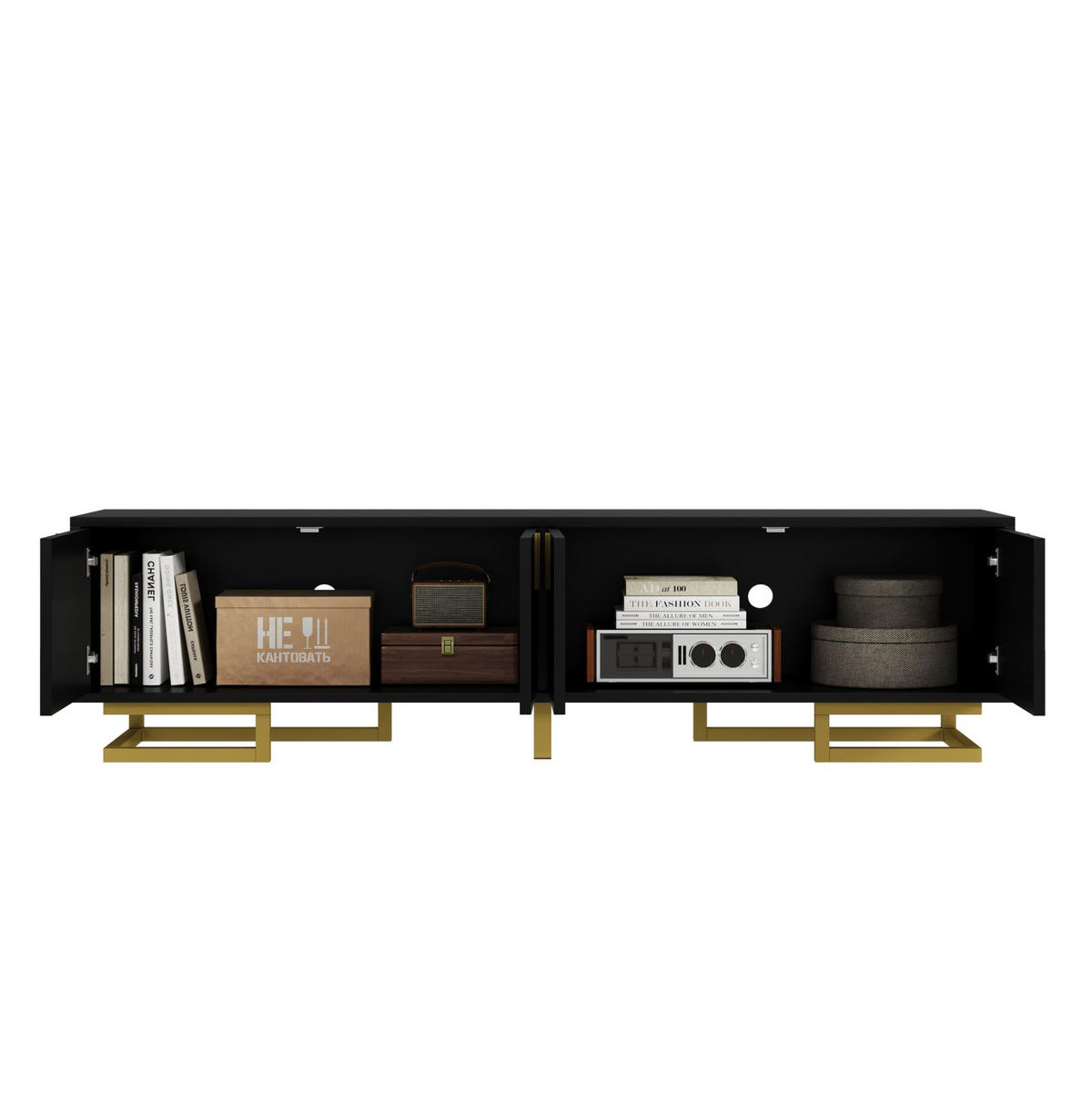 TV-SCHRANK 160/38/44,5 cm schwarz mit goldenen Griffen und verstellbaren Füßen - Schwarz, Holzwerkstoff (160/44.5/38cm) - OKWISH
