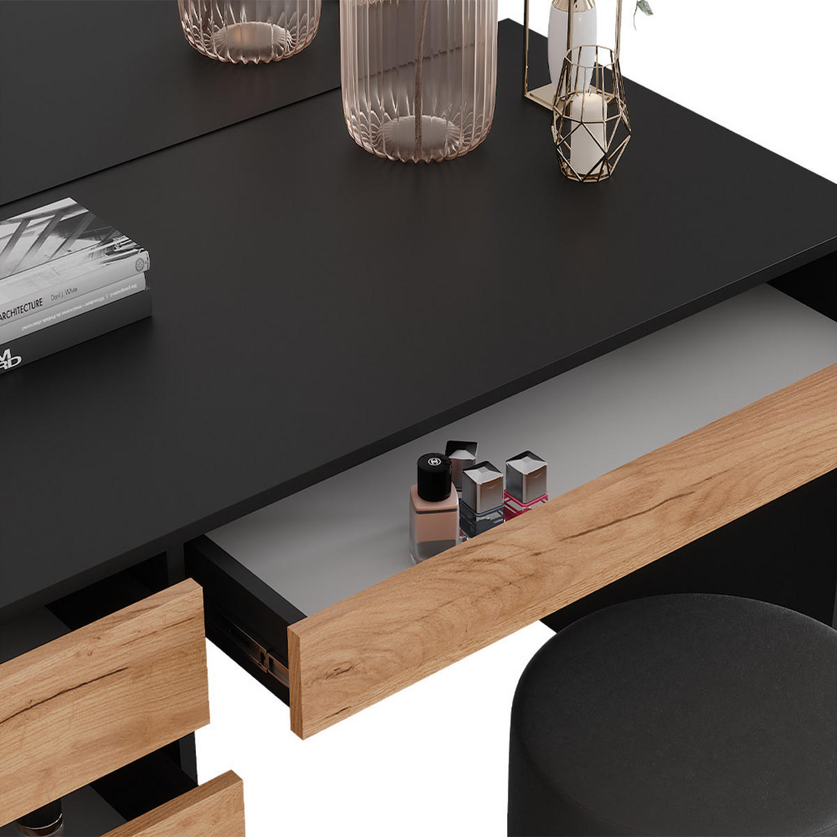 SCHMINKTISCH Sherry Anthrazit 120 x 75 cm mit Spiegel und Hocker - Honigeiche/Anthrazit, Holzwerkstoff (120/75/55cm) - Vicco