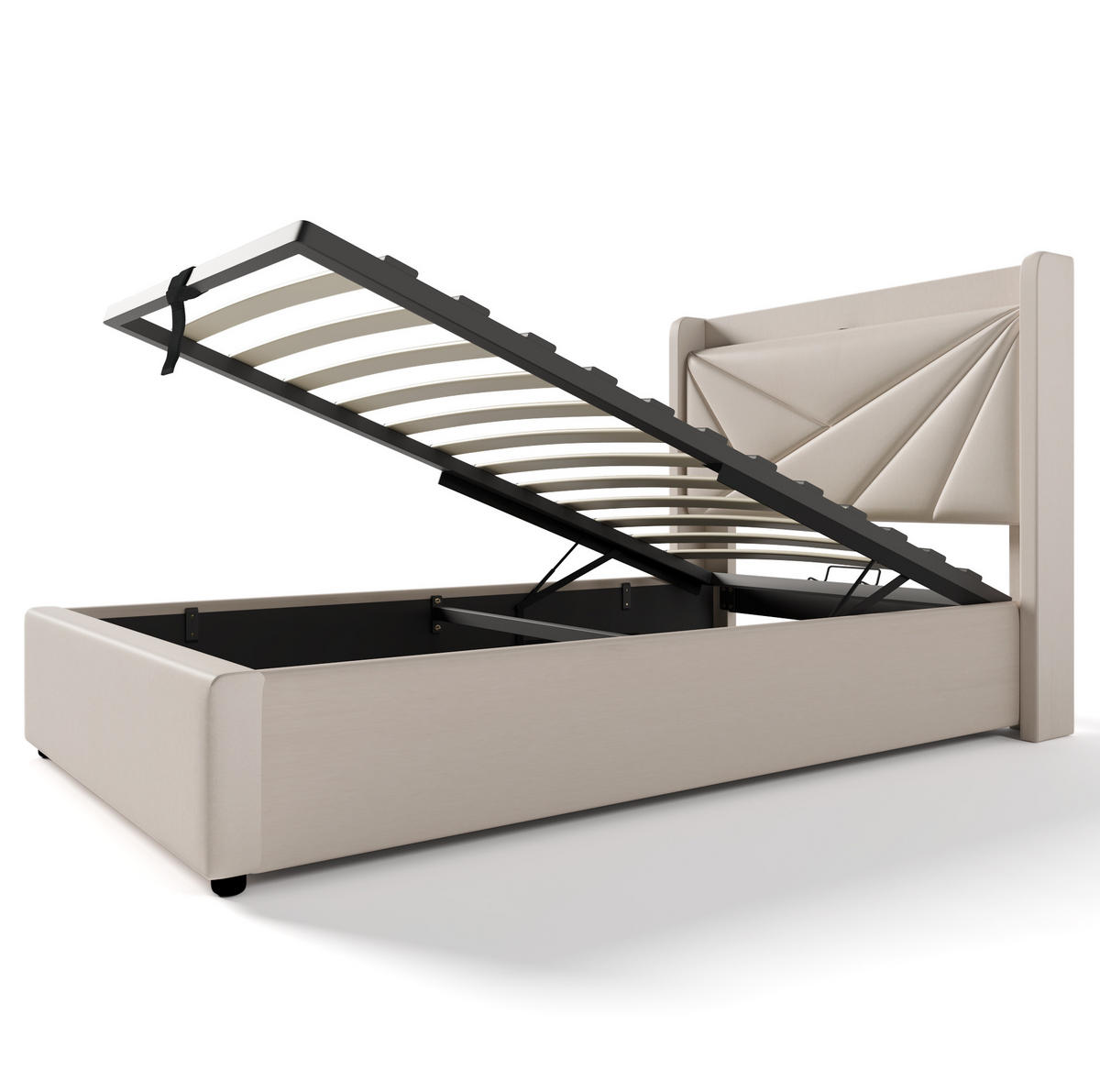 POLSTERBETT 90/200 cm mit Bettkasten, USB-C und gepolstertem Kopfteil - Beige, Textil (90/200cm) - BEAOK