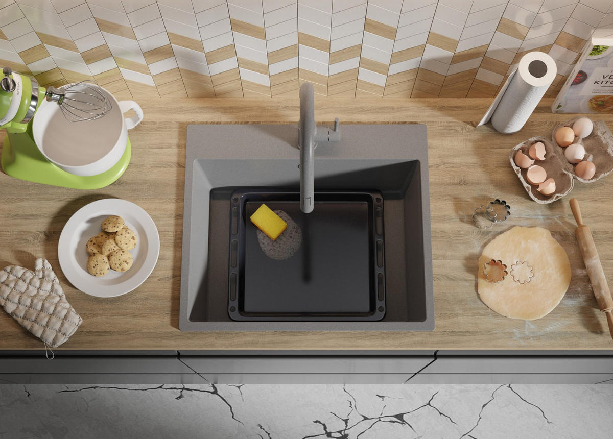 SPÜLBECKEN Riga, 2-er set Grau 58/50 cm 1 Becken + Ablauf-Set ab 60er Unterschrank - Chromfarben/Grau, Kunststoff (58/20/50cm) - Primagran