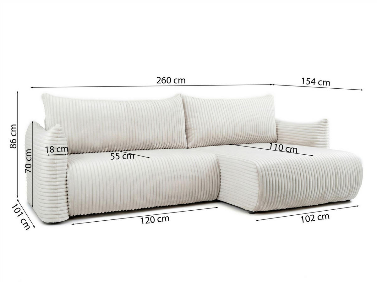 ECKSOFA Ontario Mit Schlaffunktion - Weiß, Holzwerkstoff/Textil (154/260cm) - Fun Möbel