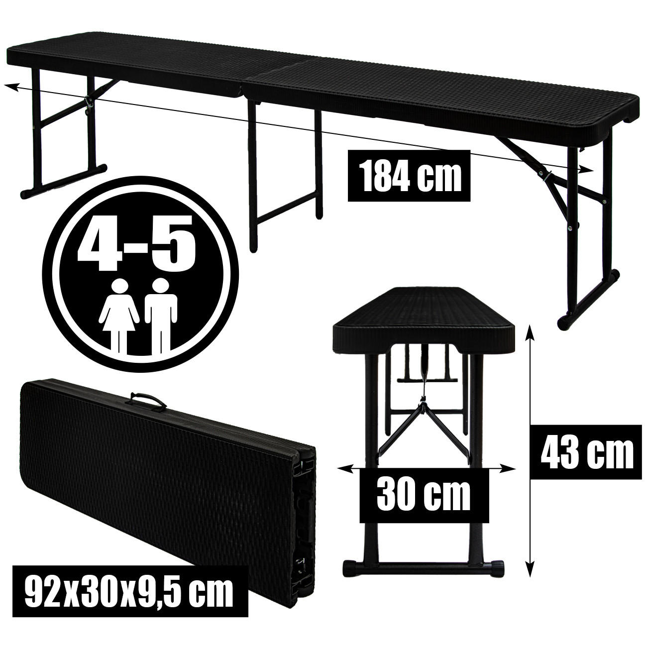 BIERBANK bis 300kg belastbar, 184/30cm, Schwarz - Schwarz, Kunststoff - Amanka