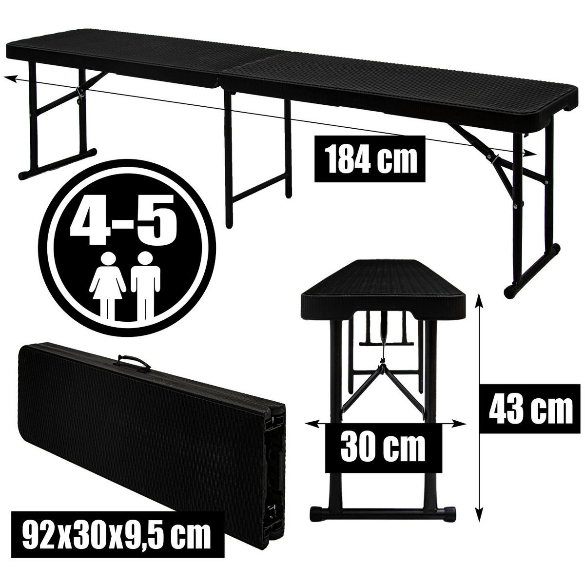 GARTENTISCH für 8 Personen 180/74/74 cm mit 2 Bänken - Schwarz, Kunststoff - Amanka