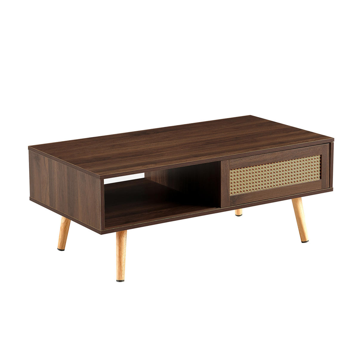 COUCHTISCH 105/55/40 cm in Braun mit Rattan-Schiebetür und Massivholzbeinen - Braun, Holzwerkstoff (105/55/40cm) - Flora Grace