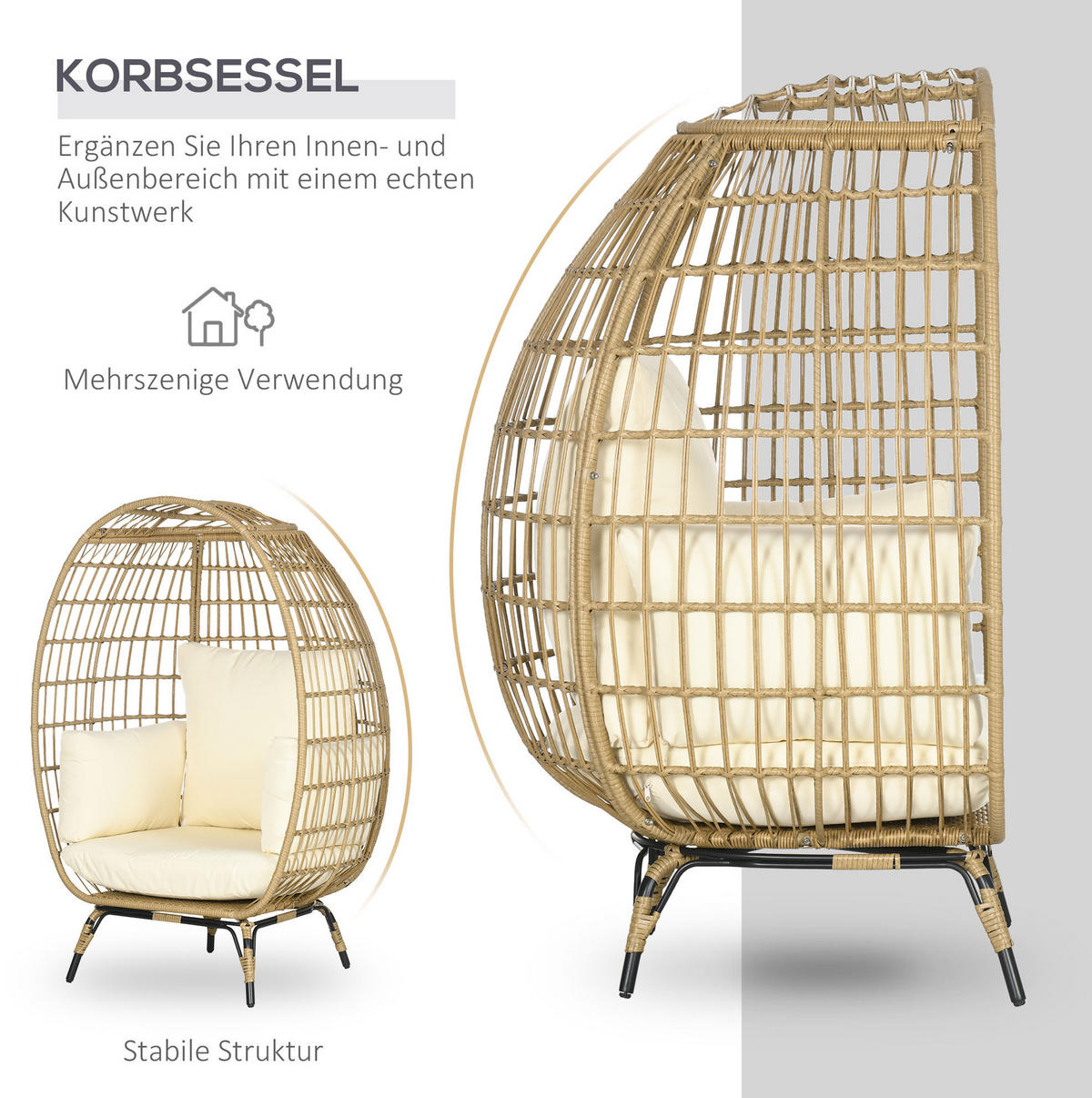 GARTENSESSEL 105/90/148 cm mit Sitz- und Rückenkissen, verstellbaren Füßen und Stahlgestell in Rattanoptik, Khaki - Beige, Metall (105/148/90cm) - Redom