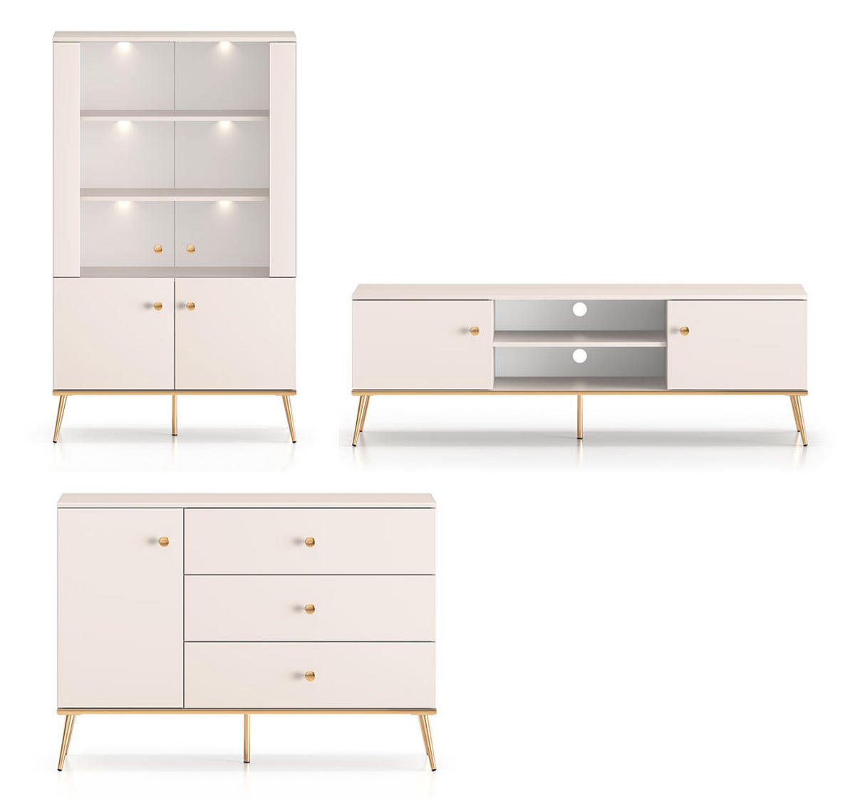 WOHNZIMMER-SET Selgin Kaschmir / Gold 3-teilig - Kaschmir/Goldfarben, Holz/Holzwerkstoff (372/152/40cm) - Feldmann-Wohnen