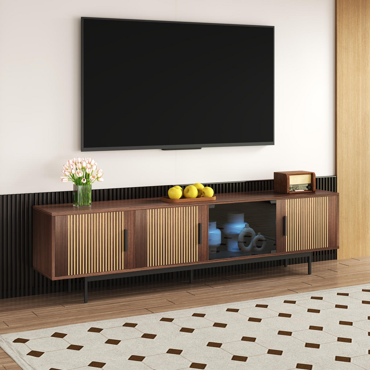 TV-ELEMENT200X35X53CM WalnussBraun Lowboard mit LEDLichtleiste und Glastür - Schwarz, Holz (42.19/24.61/62cm) - Raelunyi