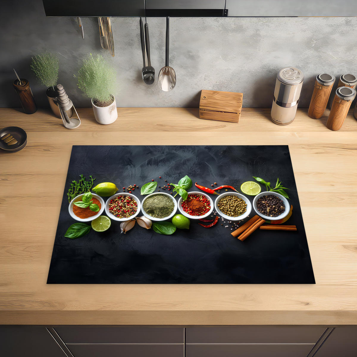HERDABDECKPLATTE Kräuter - Gewürze - Konkrete Optik - Stilleben Herdabdeckung Induktionsfeld 70x52 cm - Multicolor, Kunststoff (70/52/0.2cm) - MuchoWow