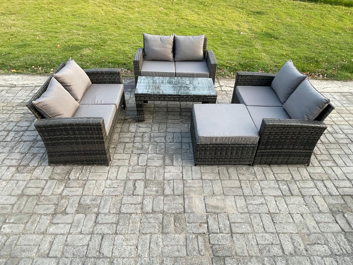 GARTENGARNITUR Polyrattan Dunkelgrau 7-Sitzer - Dunkelgrau, Metall - Fimous