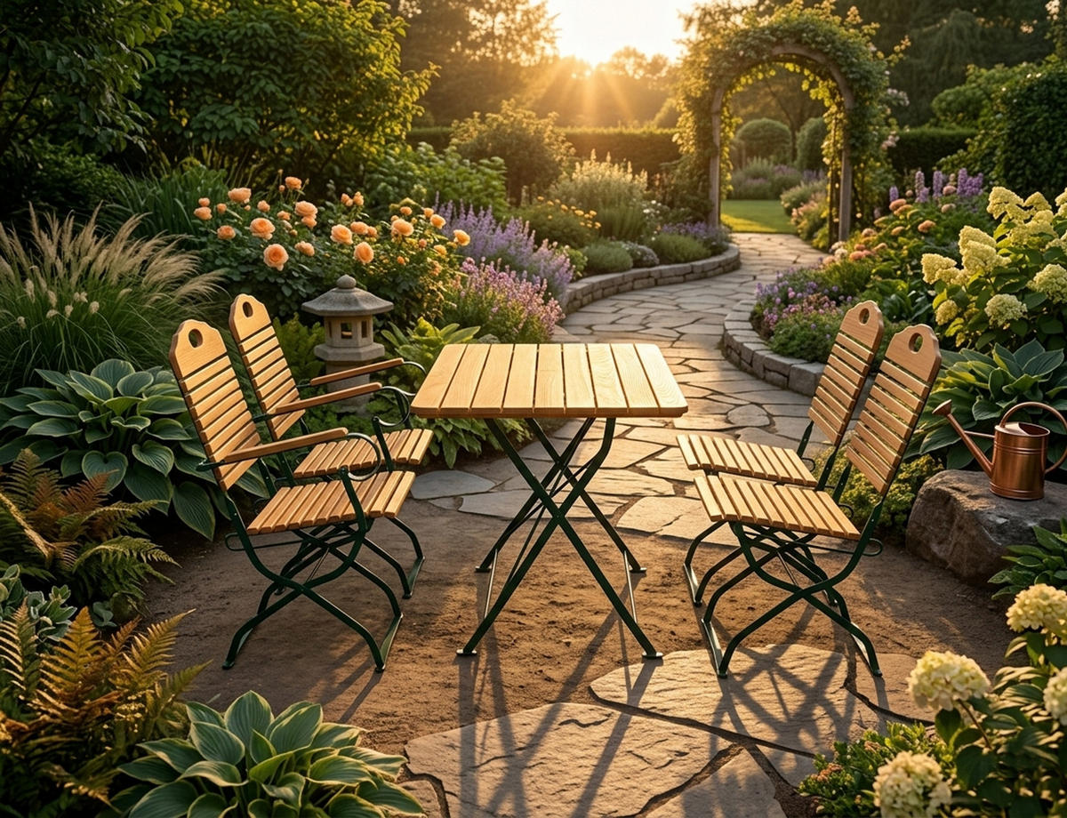 GARTEN-GARNITUR Bad Belzig 5-teilig aus Robinienholz, Stahlgestell Grün - Braun, Holz - TPFGarden