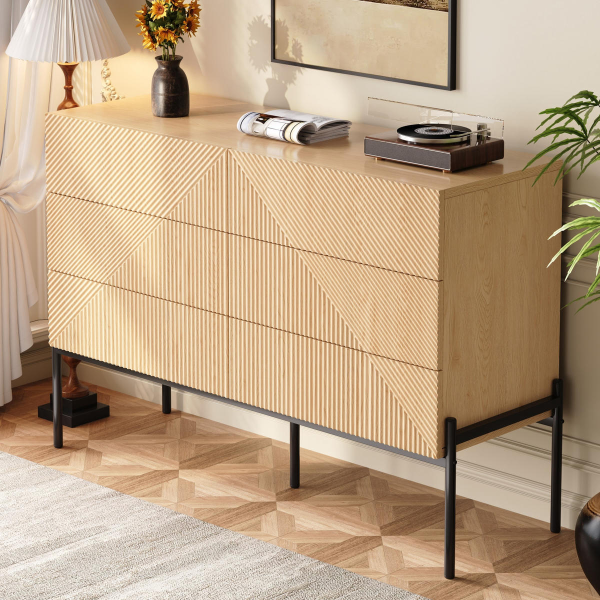 SIDEBOARD in Naturfarben Kommode mit 3D-Textur ,6 Schubladen und viel Stauraum für Wohn- und Esszimmer, B115.5/T38/H75cm - Schwarz/Naturfarben, Holzwerkstoff/Metall (115.5/75/38cm) - STILVORA