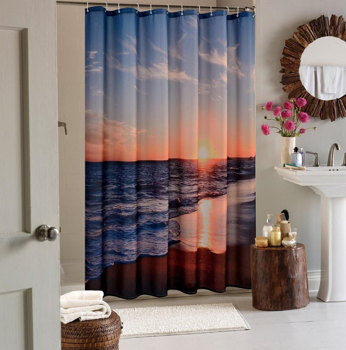 DUSCHVORHANG Modell Landschaft Strand mit Stoff wasserdicht fürs Badezimmer 180 x 180 cm - Grün, Textil (180/180cm) - MCBOSON