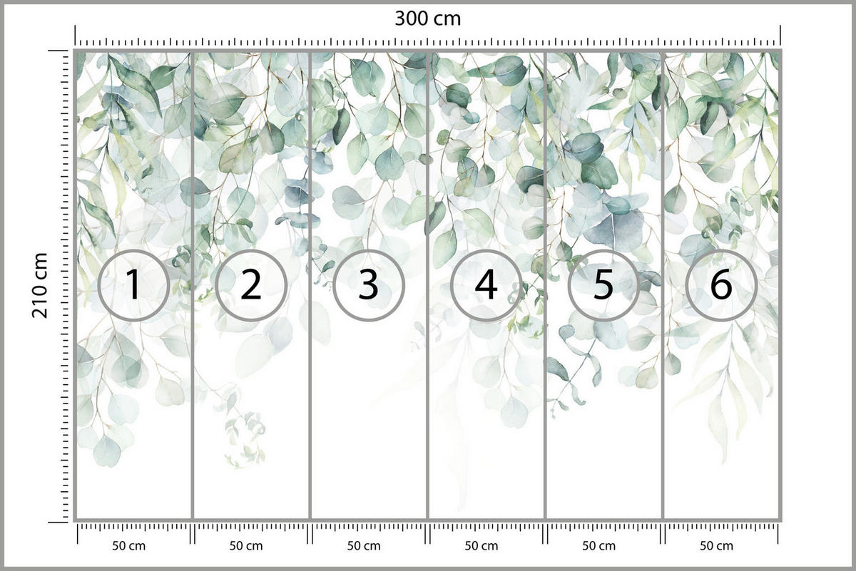 FOTOTAPETE Aquarell Eukalyptusblätter Pflanzen Natur 300x210 - Weiß/Grün, Papier (300/210cm) - Muralo
