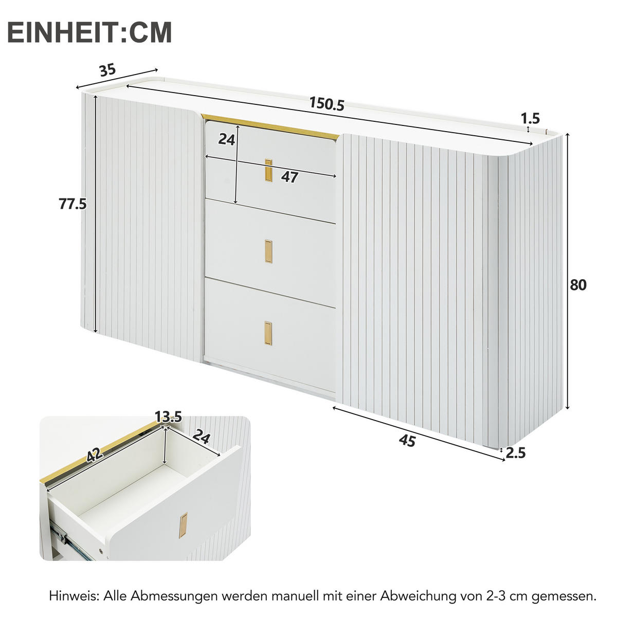 SIDEBOARD Weiß 150/35/80 cm - Weiß, Holzwerkstoff (35/80/150cm) - Urban Meuble