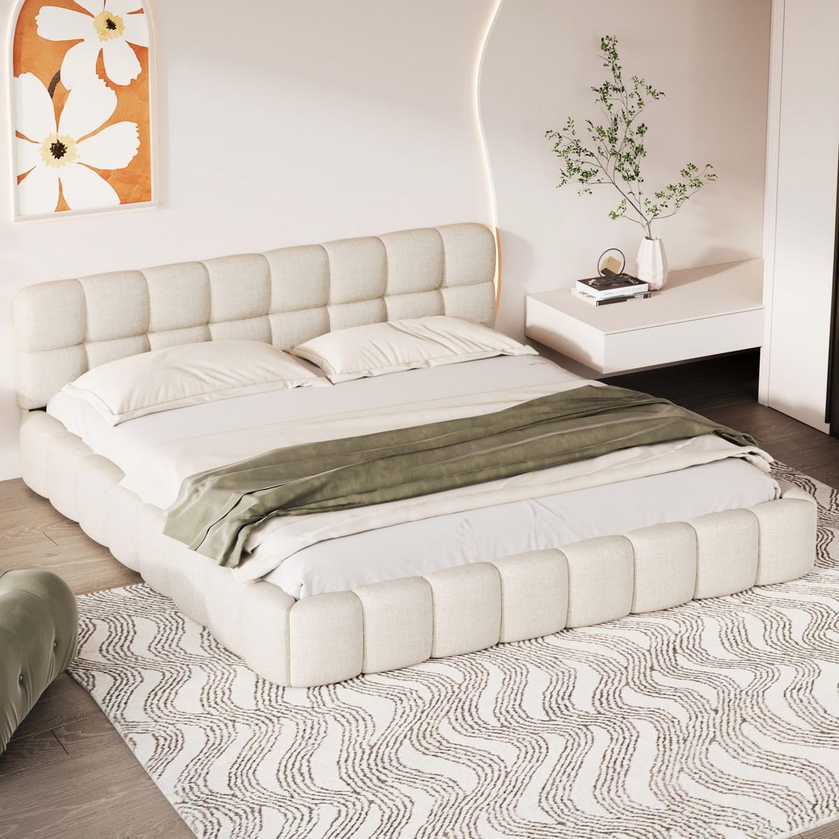 POLSTERBETT 140x200 cm Fleur Soft mit Blumenrand-Design und weicher Rückenlehne, Leinen-Optik Beige - Beige, Textil (140/200cm) - DELFA