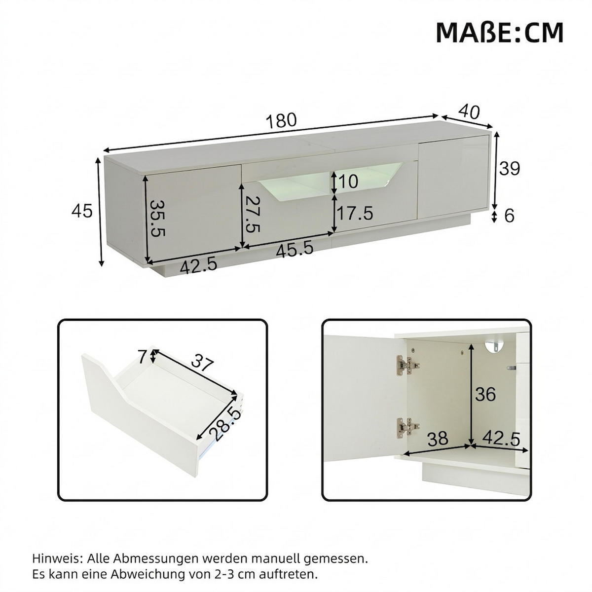 TV-SCHRANK 180/40/45 cm Weiß mit 2 Schubladen und 2 Türen - Weiß, Holzwerkstoff (180/45/40cm) - Oxeza