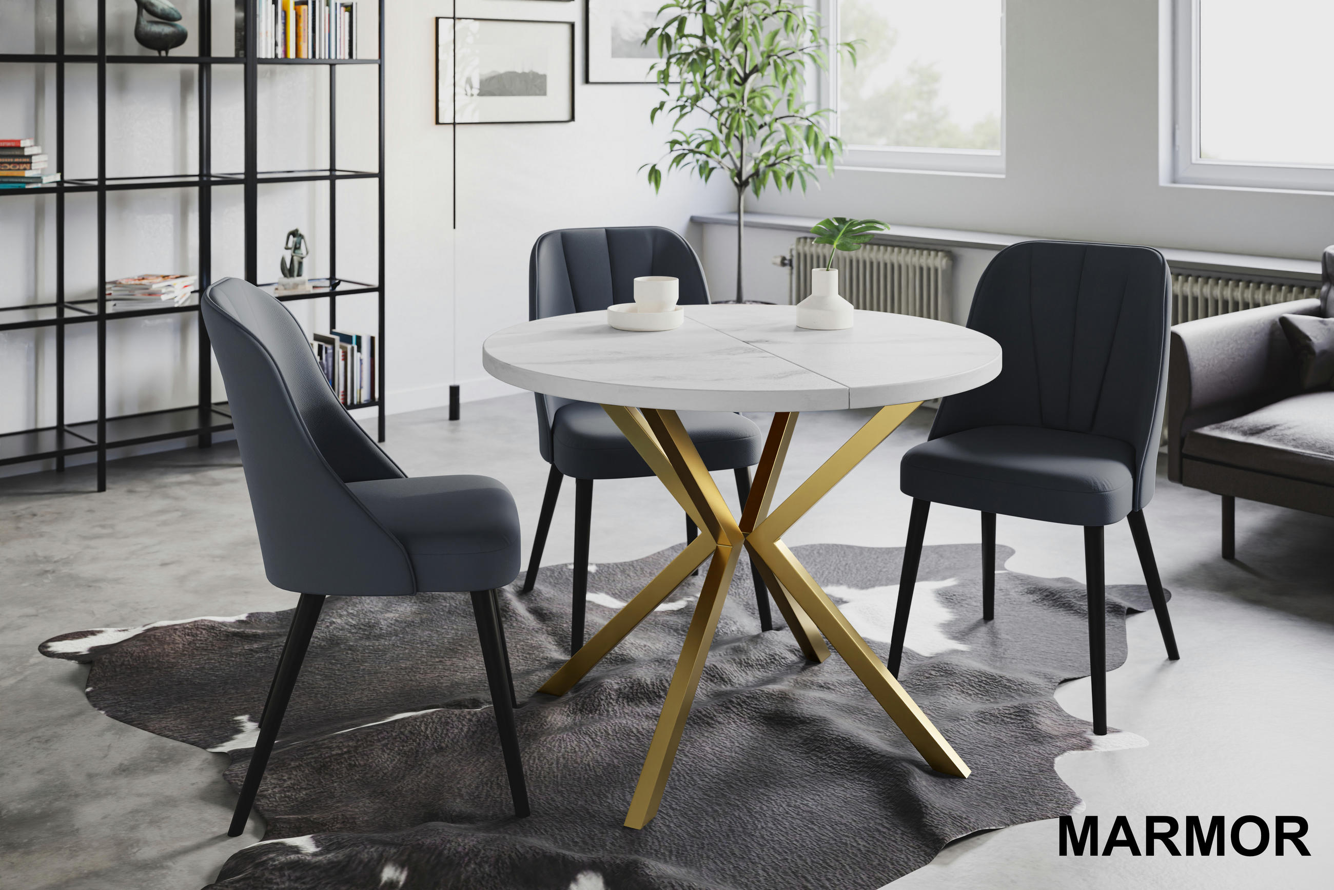 ESSZIMMERTISCH LOFT LITEN, ausziehbarer Tisch 90 cm/170 cm, Farbe: Marmur, mit Metallbeinen in Farbe Gold - Goldfarben/Hellgrau, Holzwerkstoff (90/90/76cm) - Alpi-Möbel