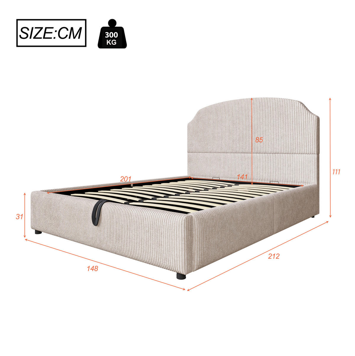 POLSTERBETT mit Bettkasten 140/200 cm in Beige mit gepolstertem Kopfteil - Beige, Textil (140/200cm) - BEAOK