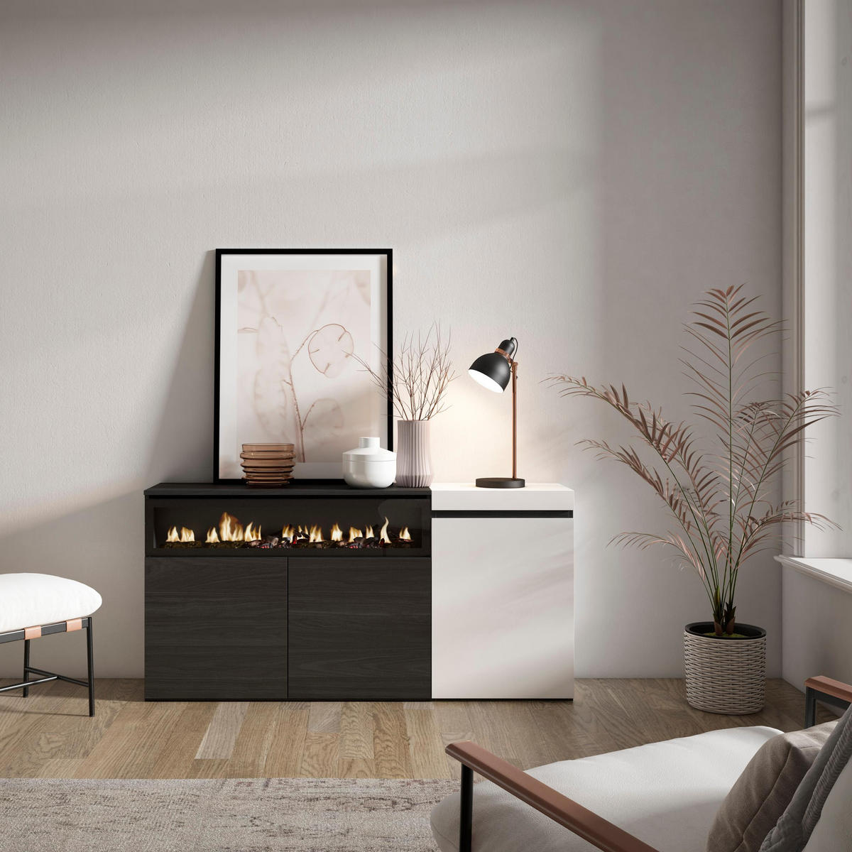 SIDEBOARD Elektrokamin, weiß und schwarz, 150/35/75cm - Multicolor, Holzwerkstoff (150/75/35cm) - Skraut Home