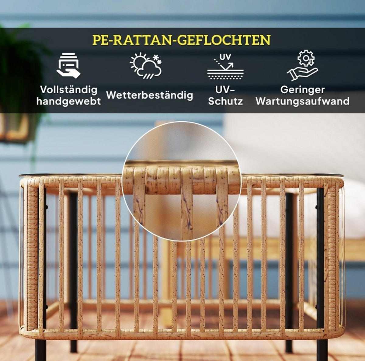ZAHRADNÍ stůl 65/65/43 cm přírodní dřevo z ratanu s deskou z tvrzeného skla - přírodní, sklo (65/65/43cm) - OKWISH