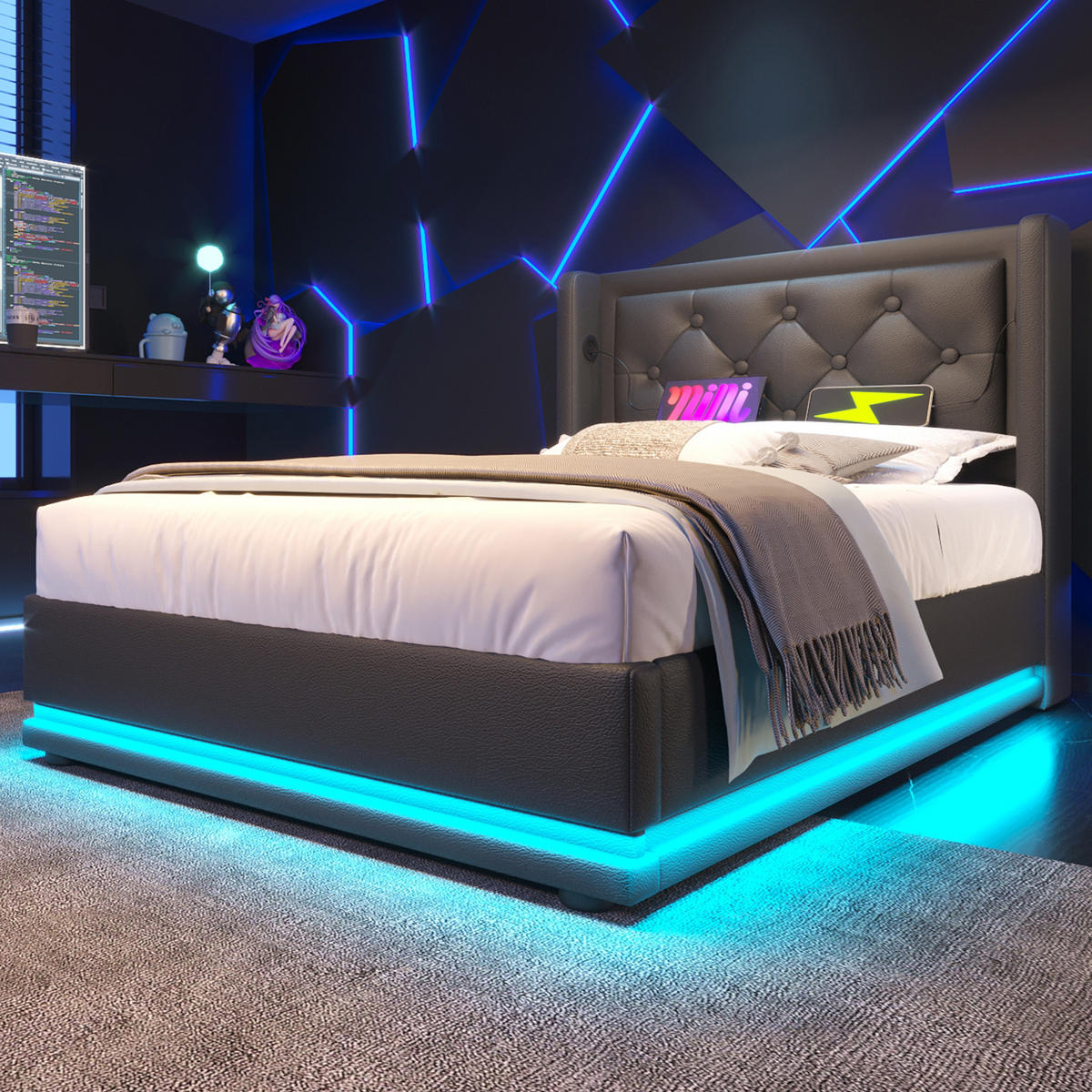 POLSTERBETT 90/200 cm Schwarz PU mit hydraulischem Stauraum und USB-Anschlüssen - Schwarz, Kunststoff (90/200cm) - OKWISH