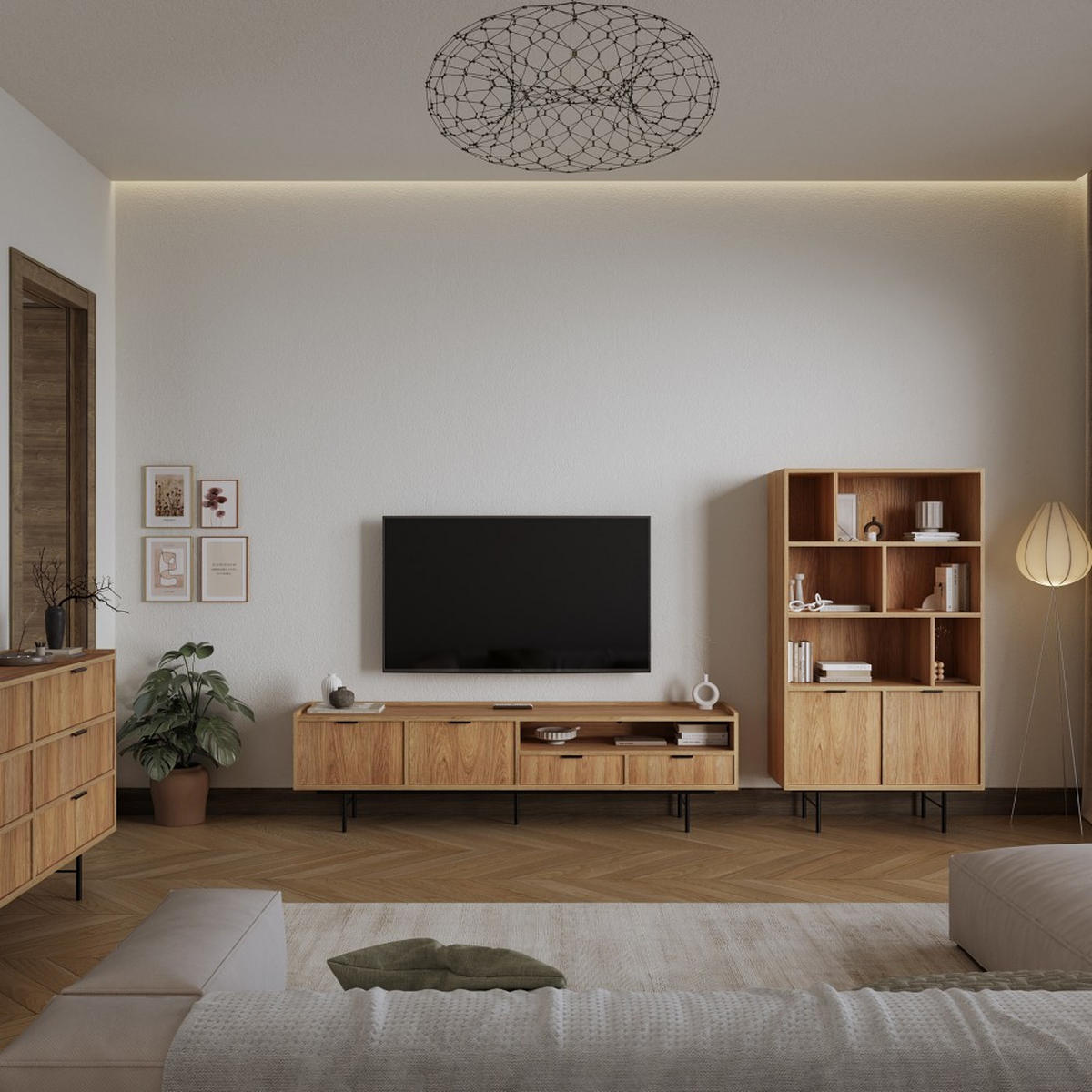 LOWBOARD Evron mit 2 Schubalden und 1 Tür, Walnuss - Eichefarben/Schwarz, Holzwerkstoff/Metall (150/55/40cm) - Beautysofa