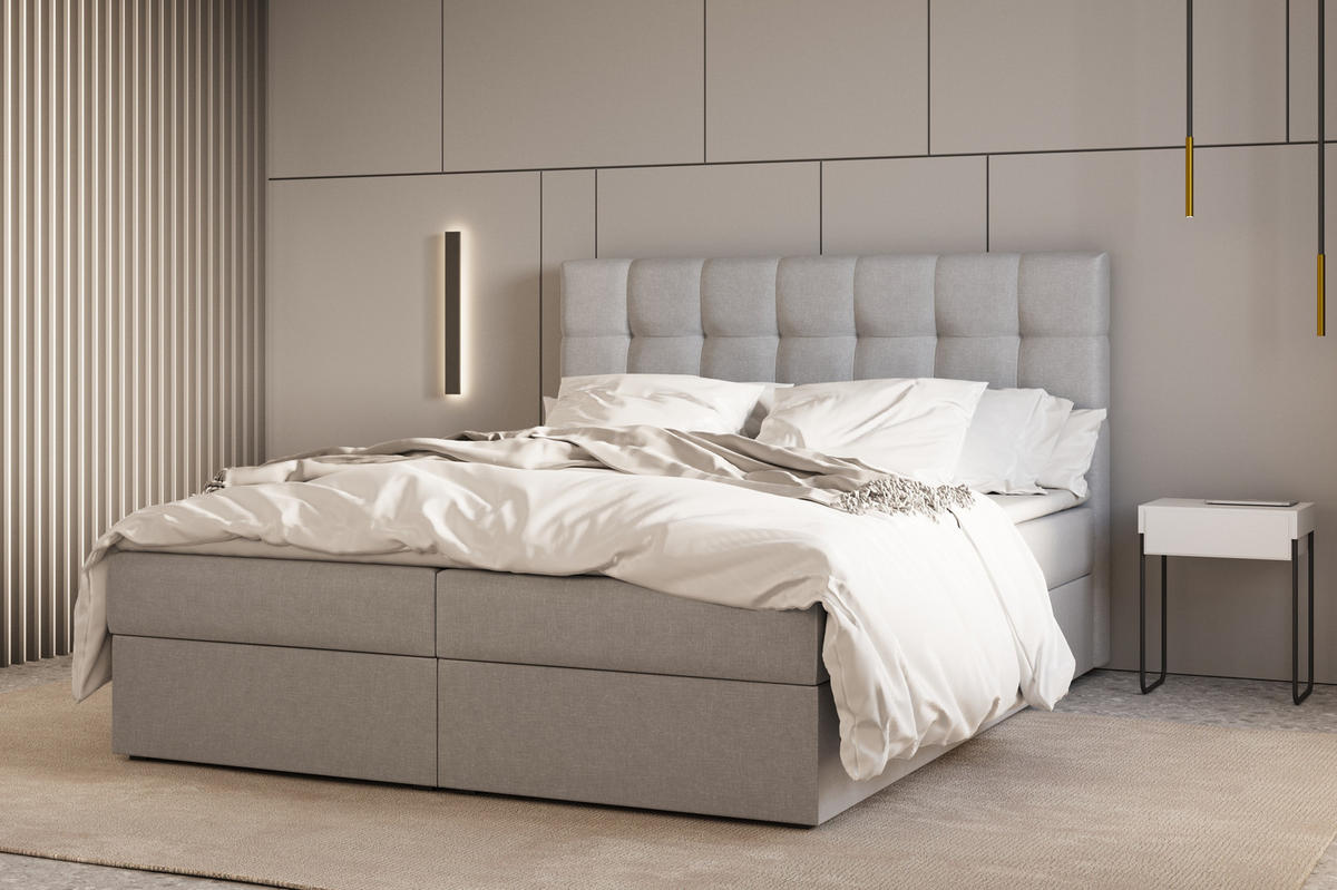 BOXBETT - Bett 05 OSLO - Hugo - 140x200 cm - mit Bettkasten und Waschbarem Topper - Hellgrau, Holz (140/200cm) - ROYAL24_MARKT