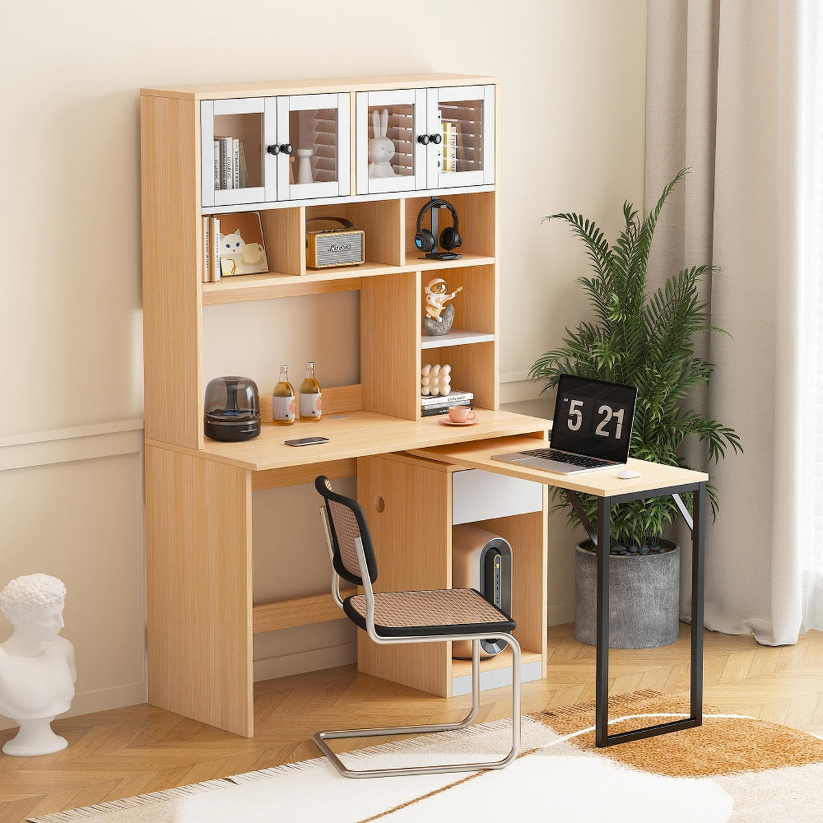 KÜCHENSCHRANK mit Hochschrank, DREHBARER SCHREIBTISCH, Weiß Natur, Arbeitszimmer, 180 cm hoch - Naturfarben, Kunststoff (55/180/110cm) - Rolipo
