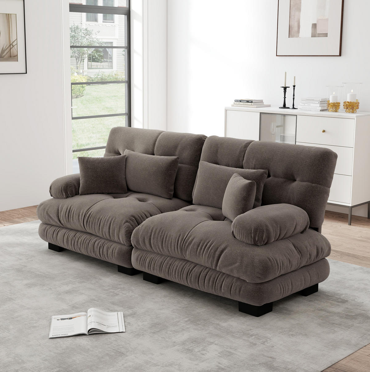 SOFA modular Chenille Brown mit Deko- und Lendenkissen - Dunkelgrau, Kunststoff (77/81/220cm) - Meubliv
