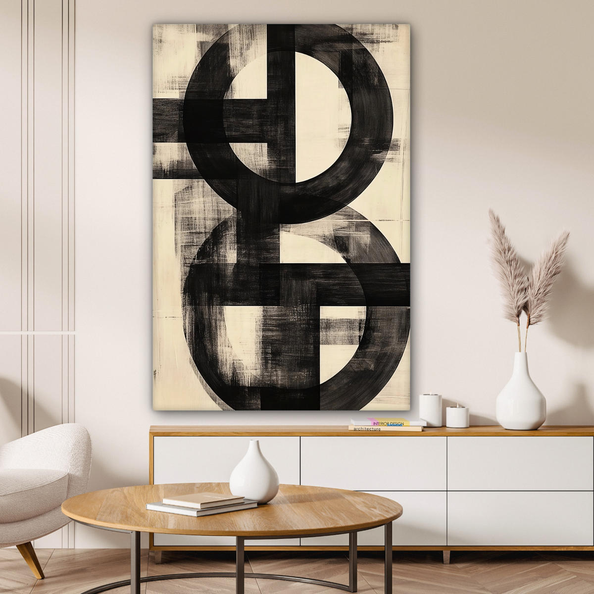 LEINWANDBILD Kreise - Balken - Schwarz - Abstrakt Deko XXL 80x120 cm - Schwarz, Textil (80/120cm) - MuchoWow