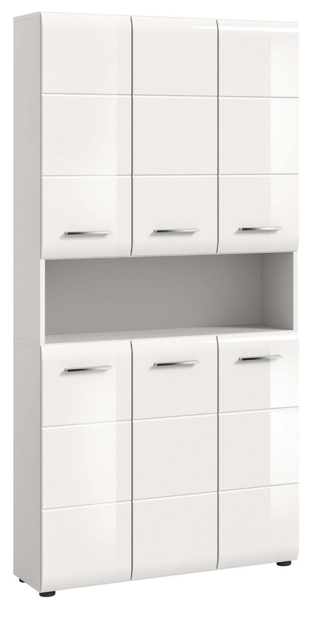 HOCHSCHRANK weiß Hochglanz, Mehrzweckschrank 90 cm mit 13 Fächern - Weiß Hochglanz/Silberfarben, Holzwerkstoff/Kunststoff (90/185/30cm) - Inn.Furn